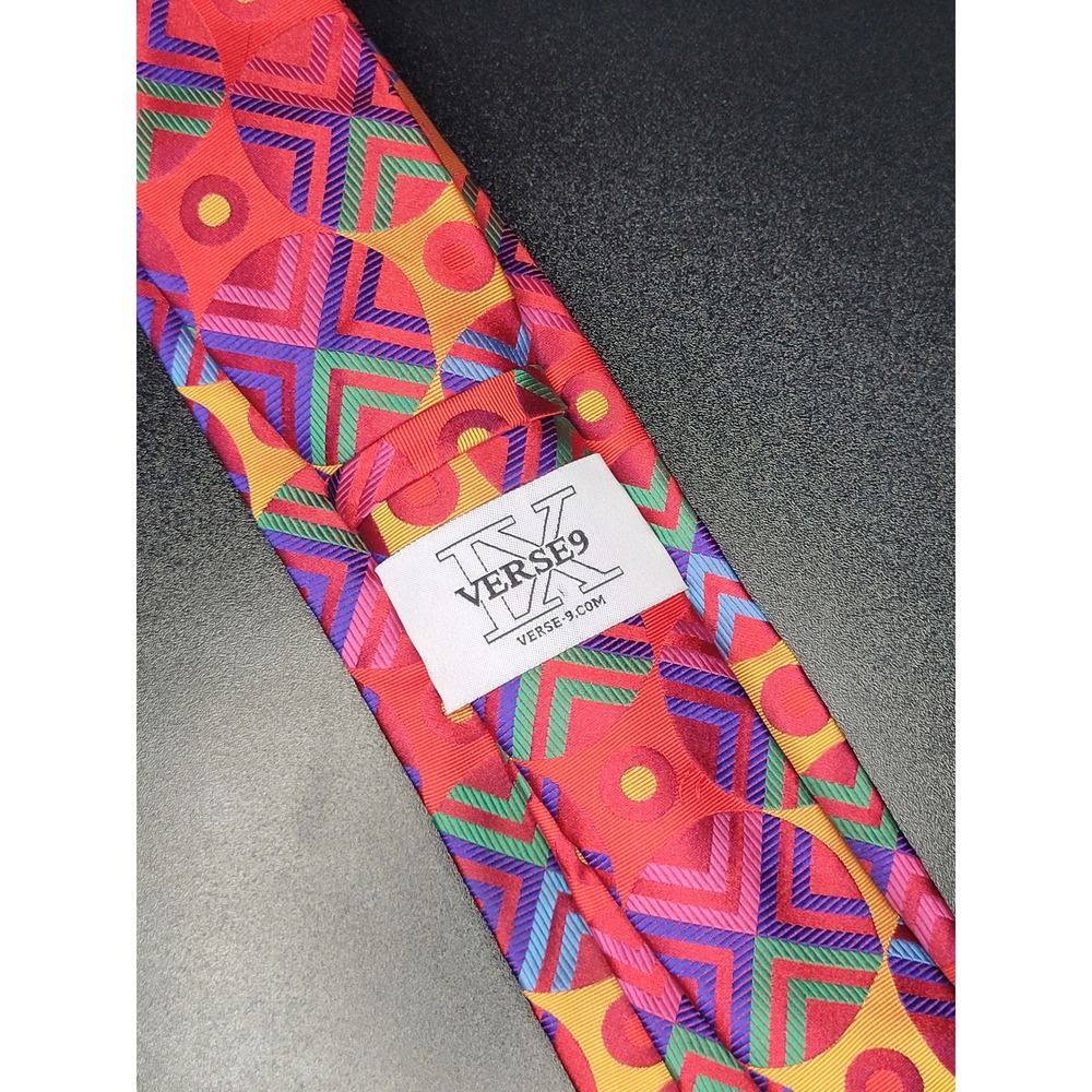 Verse 9 Necktie Red Multicolor Geometric Chevron Circles Silk Excellent